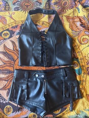 Faux Leather Lace-Up Halter Crop Top and Cargo Shorts Set - Black